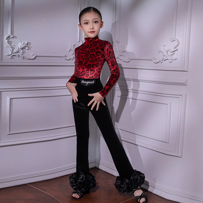 Children's Green Red Leopard Velvet  Latin Dance Dresses for Girls Juvenile Salsa Rumba Chacha Ballroom Dancing Costumes for Kids