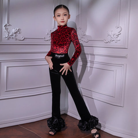 Children's Green Red Leopard Velvet  Latin Dance Dresses for Girls Juvenile Salsa Rumba Chacha Ballroom Dancing Costumes for Kids