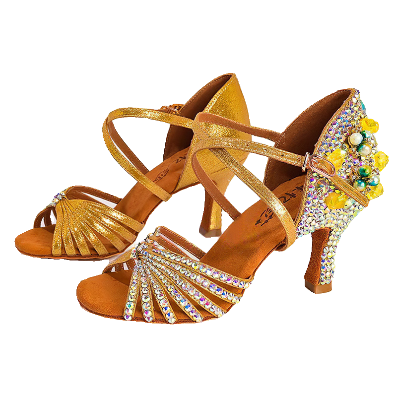 Yellow Gemstones Competition Latin Dance Shoes for Women Girls Kids High Heel Children Salsa Rumba Chacha Tango Latin Dance Shoes Soft Soles