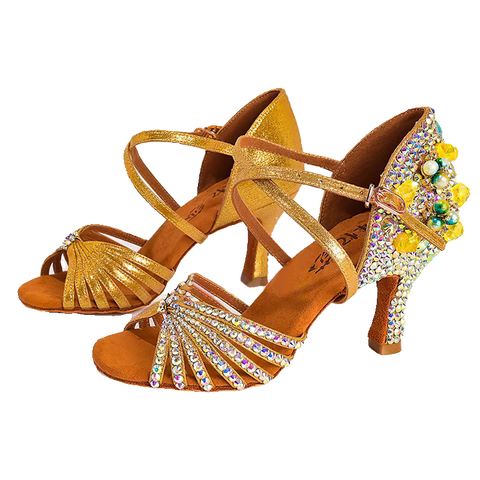 Yellow Gemstones Competition Latin Dance Shoes for Women Girls Kids High Heel Children Salsa Rumba Chacha Tango Latin Dance Shoes Soft Soles