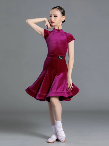 Latin Dance Competition dresses for kids girls  wine green Short Sleeves Standard  ballroom latin Competition Suit