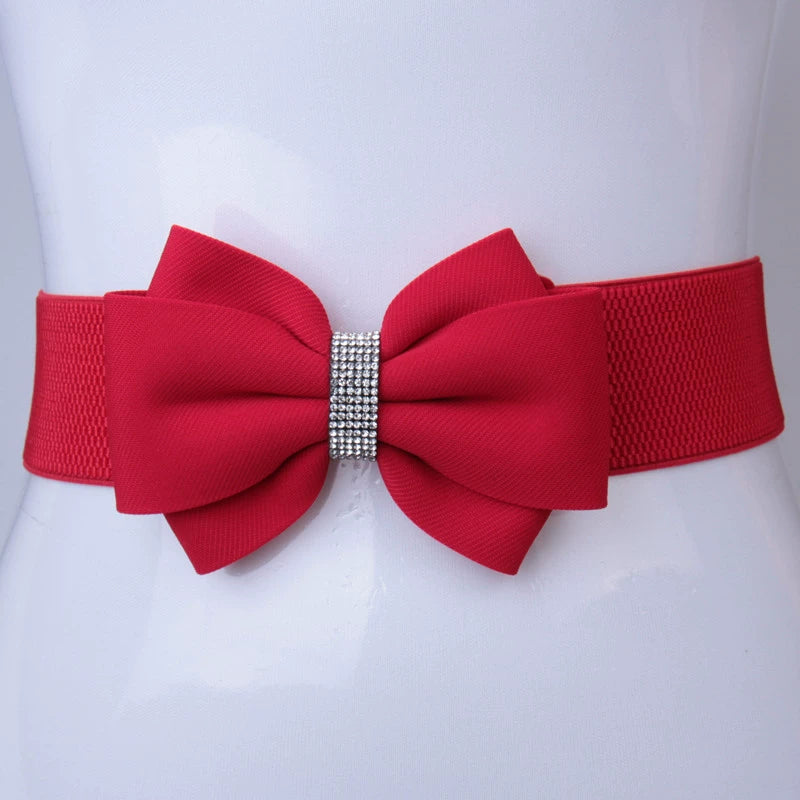 Rhinestones Bow Latin Ballroom Waltz Dance Dress Waistband for Women Girls Red and Black Diamond Inlaid Waist Elastic Sashes for Evening Dress