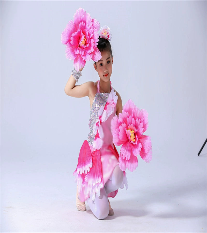 Girls Pink petals jazz dance dresses choir opening choir performance peony blossom performance outfits tutu skirts for kids