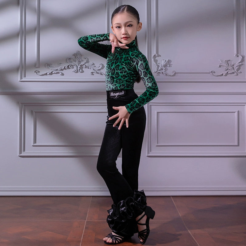 Children's Green Red Leopard Velvet  Latin Dance Dresses for Girls Juvenile Salsa Rumba Chacha Ballroom Dancing Costumes for Kids