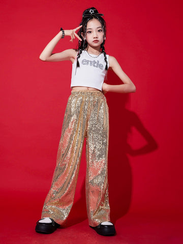 Girls Gold Sequin Jazz Dancing Costumes Gogo Dancers Hip Hop Rapper Singers Street Clothes Children's Model Show Wear