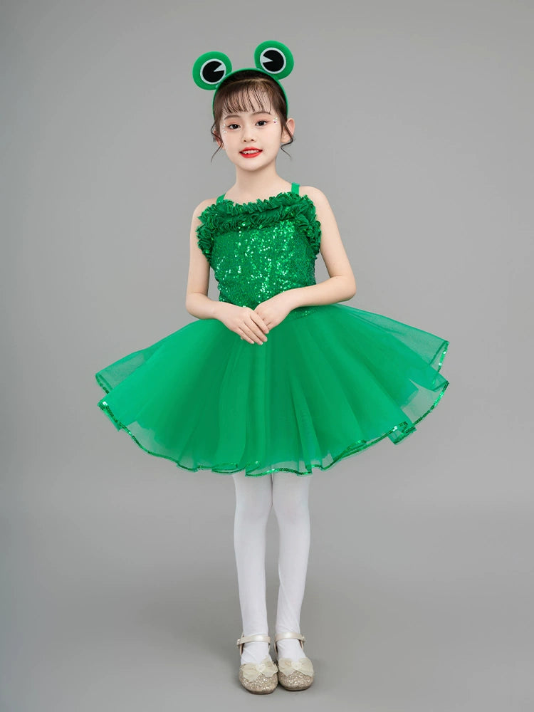 Children's Little frog dance costumes girls tutu skirts Halloween Xmas party dress up green jazz performance princess skirt green lotus leaf