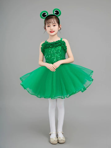 Children's Little frog dance costumes girls tutu skirts Halloween Xmas party dress up green jazz performance princess skirt green lotus leaf