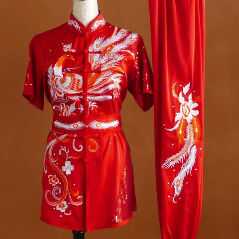 Customized size Embroidered Phoenix Competition Chinese Kungfu uniforms wushu performance Taichi clothing Changquan Nanquan Suit for adult kids