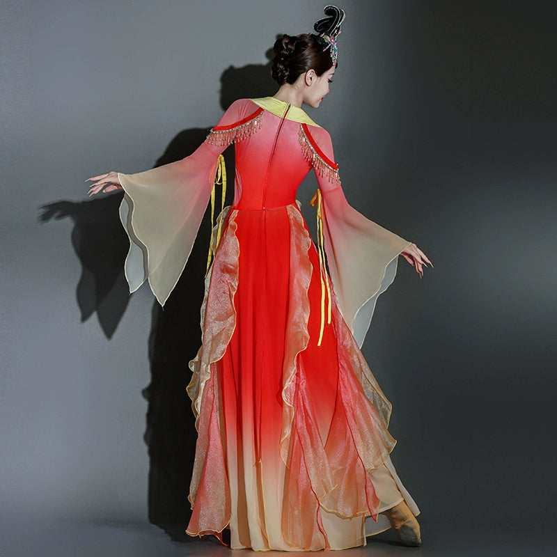 Red Chinese folk Classical dance costumes women ancient fairy empress han tang dance dresses flowing sleeves hanfu