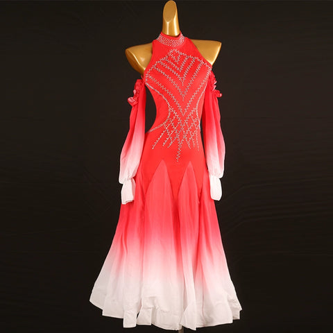 Red Gradient Rhinestones Competition Ballroom Dance Dresses for Women Girls Hollow Shoulder Waltz Tango  Performance Gown for Female