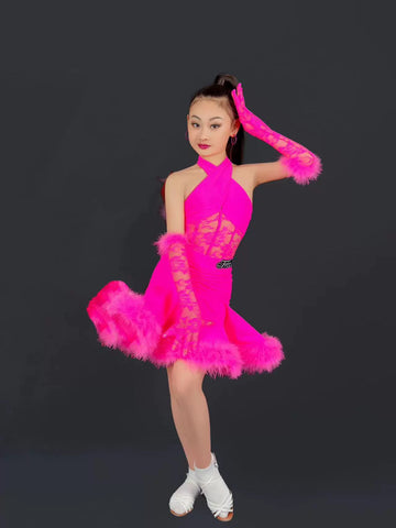 pink white blue feather competition Latin professional dance dresses for kids girls ballroom salsa rumba chacha performance clothes