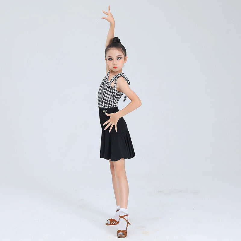 Children's One Shoulder Latin Dance Dresses Girls White Black Plaid Salsa Rumba Chacha Professional Training Clothes for Kids