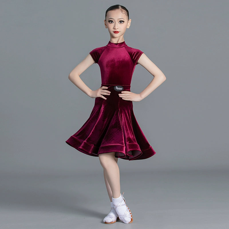 Latin Dance Competition dresses for kids girls  wine green Short Sleeves Standard  ballroom latin Competition Suit