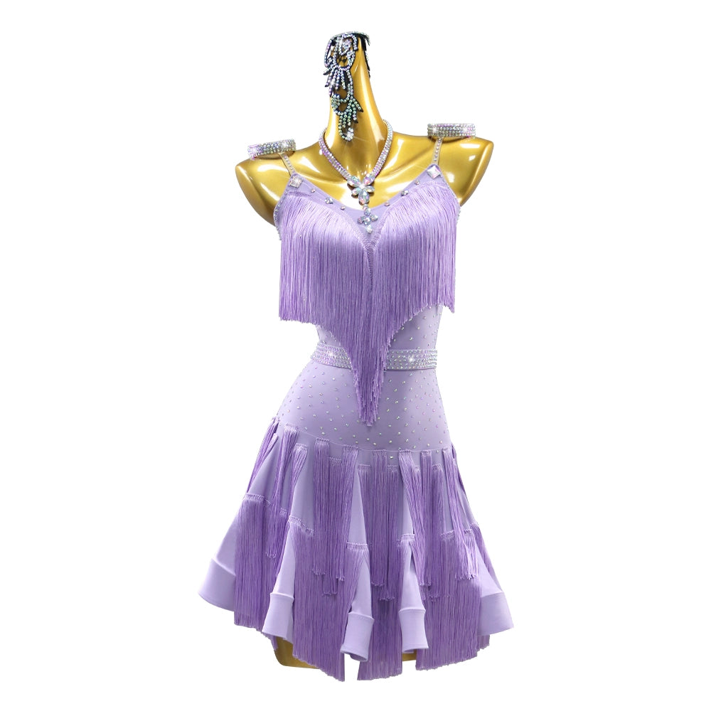 Lavender Purple Fringe Competition Latin Dance Dress for Women Girls Salsa Rumba Latin Cha Cha Jive Performance Flower Costume Solo Dance Dress