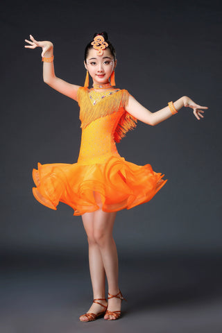 Kids Girls Competition Tassel Latin Dance Dresses Orange Red White Green Salsa Chacha Latin Party Performance Costume