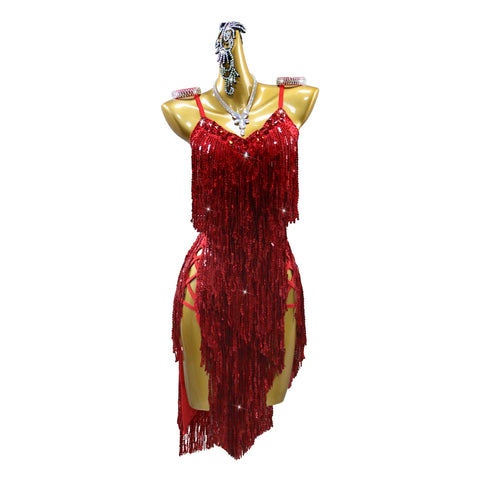 Professional Red Sequin Fringe Gemstones Latin Dance Dresses for Women Girls Salsa Rumba Chacha Show Solo Dance Costumes