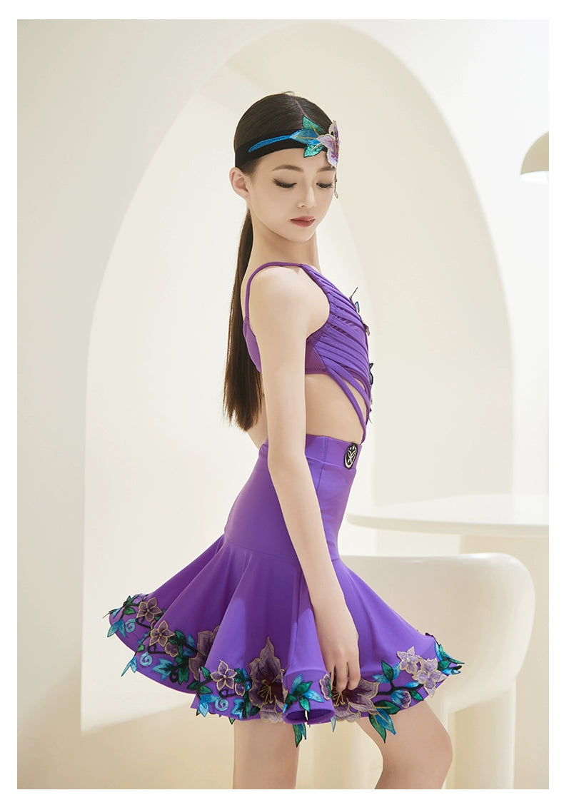 Purple embroidered flowers competition lain ballroom dance dresses for kids Girls salsa rumba ballroom performance outfits