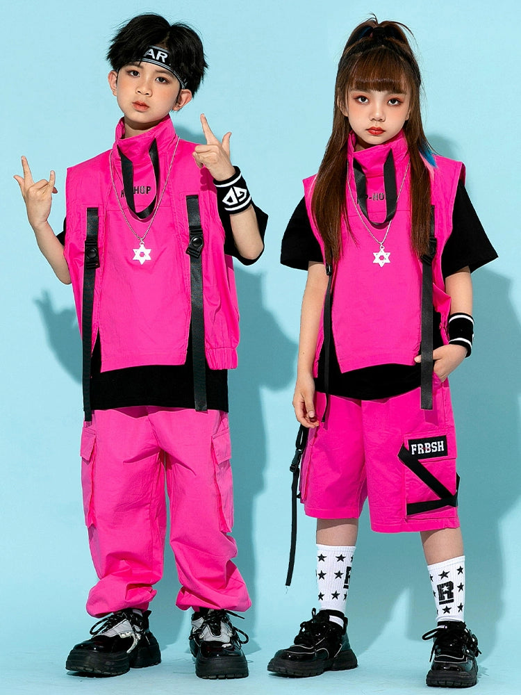 Fuchsia Pink Jazz Street Hip-hop Dance Costumes for Girls Boys Rapper Singers Gogo Dancer Performance Clothes Catwalk Show Clothing