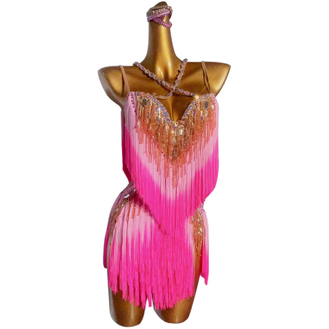 Customized size Pink Gradient fringe Competition latin dance dresses for women girls handmade professional salsa rumba dance bling costumes