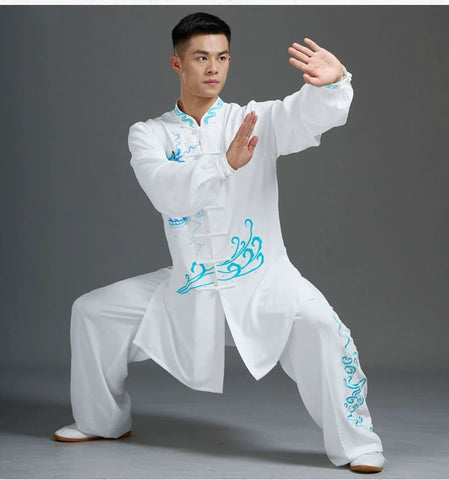 Custom Size White Blue Emboridered Chinese Dragon Tai Chi Clothing for Men Competition Wushu Martial Art Chinese Kung Fu Uniforms