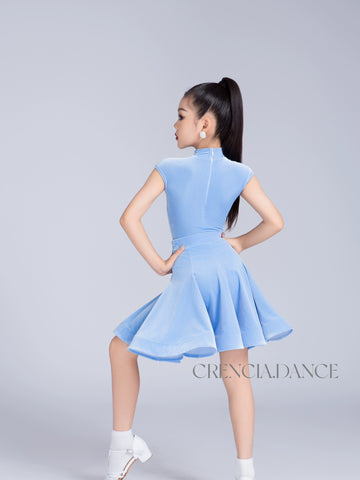 Girls' Blue red velvet latin ballroom dance dresses kids modern dance professional competition clothes for Children