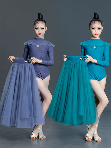 Children's Girls Blue Grey Ballroom Modern Dance Dresses for Kids Girls Long Sleeves High Neck  Waltz Tango Ballroom Dance Skirts for Kids