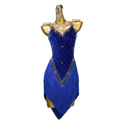 Royal Blue Competition Latin Dance Dresses  for Women Girls Velvet Salsa Rumba Chacha Performance Dress