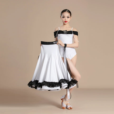 Girls white black Modern ballroom dance dresses kids Waltz Tango Performances Competition long gown swing skirts for Children