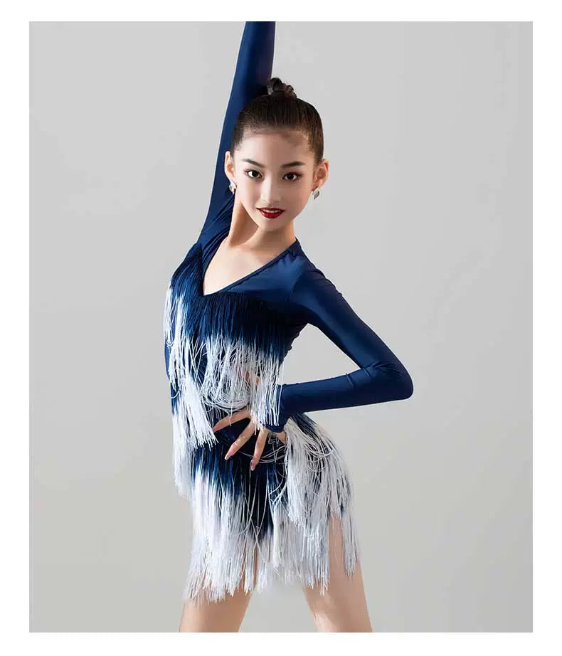 Navy Hot Pink Blue Gradient Fringe Long Sleeves Latin Dance Dresses for Girls Kids Salsa Rumba Chacha Party Performance Outfits for Children