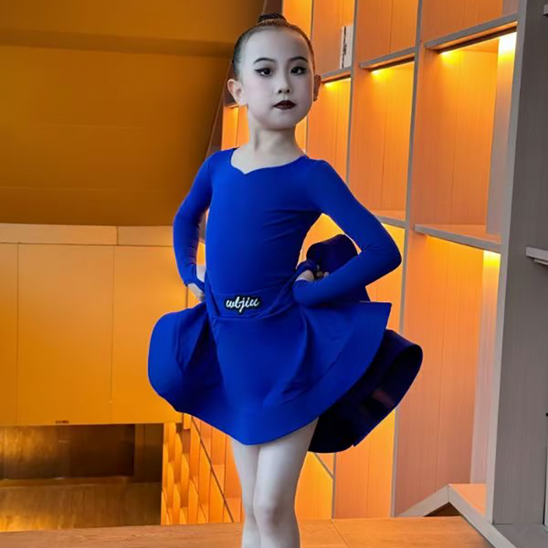 Blue green Latin ballroom dance competition dresses for girls kids salsa rumba chacha  standard dance uniforms