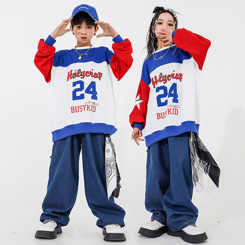 Hip Hop Jazz Street Jazz Dance Costumes for Boys Girls Red Blue Rapper Singers Gogo Dancers Performance Clothing for Kids