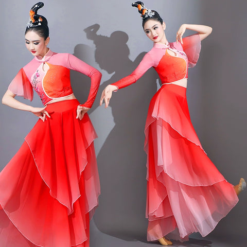 Red gradient chinese folk Classical dance costumes women Festival traditional umbrella fan yangge dance petals dresses