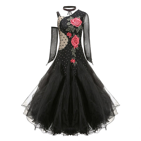 One Shoulder Black Ballroom Dance Dresses for Women Girls Rose Flowers Adult Female National Standard Social Dance Waltz Tango Performance Gown