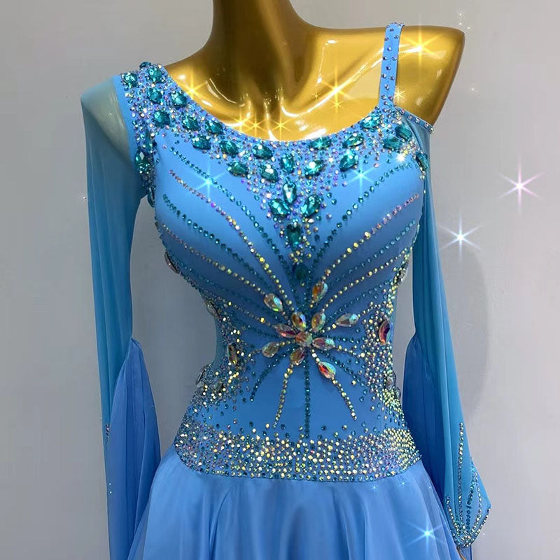 Customized Size Blue Rhinestones Competition Ballroom Dance Dresses for Women Girls One Shoulder Waltz Rhythm Smooth Foxtrot Dance Long Skirts