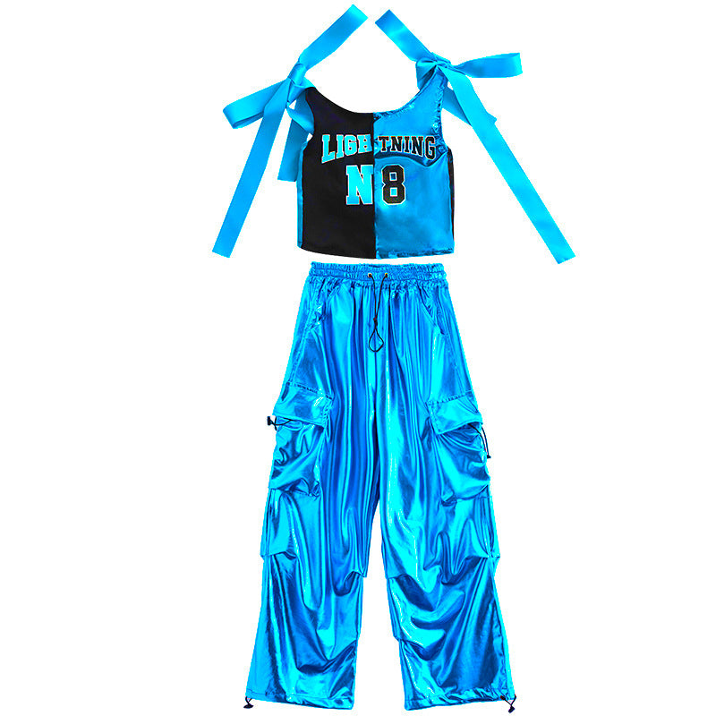 Girls' Blue Shiny Jazz Dance Costume Hip Hop Street Dance Outfits for Kids Rapper Singer Gogo Dancers Model Catwalk Suit