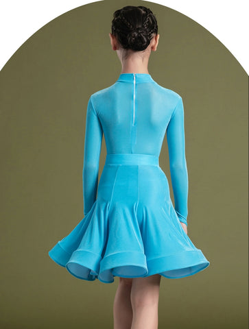 Children's Turquoise Blue  Velvet Latin Dance Competition Dresses Girls Salsa Rumba Chacha Ballroom Professional Grading Long-sleeved Standard Clothing