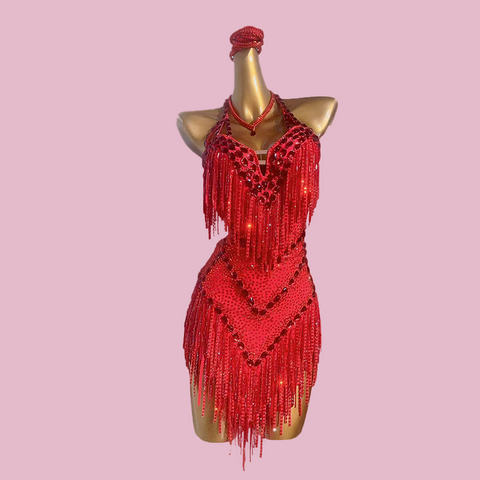 Custom Size Red Rhinestones Fringe Latin Dance Competition Dresses for Women Girls Kids Professional Art Test Dance Salsa Rumba Chacha Performance Outfits