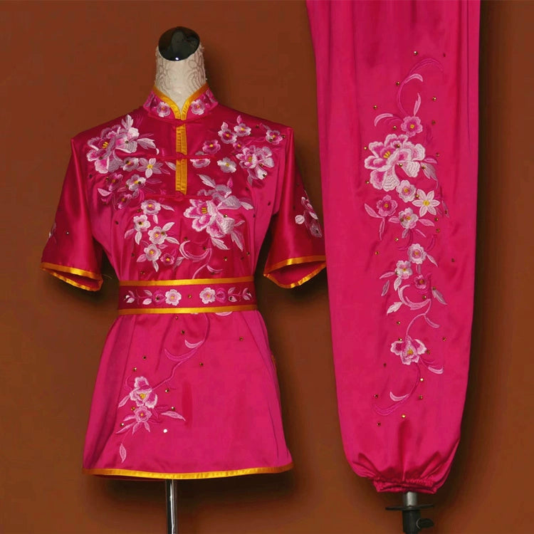 Custom size competition tai chi Wushu uniforms embroidered flower team martial art changquan performance cclothes for adult kids