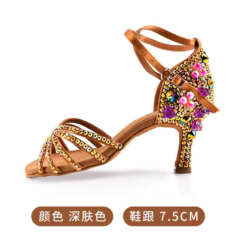 Bronze White Gemstones Latin Dance Shoes for Women Girls Pearl Purple Gemstones High-heeled Latin Ballroom Tango Salsa Jive Chacha Dance Sandals