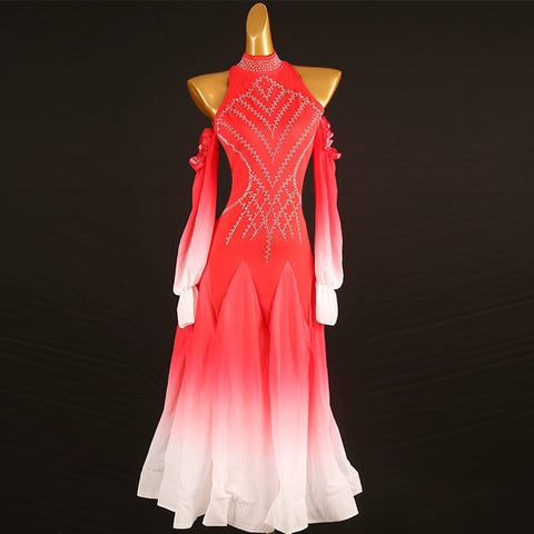 Red Gradient Rhinestones Competition Ballroom Dance Dresses for Women Girls Hollow Shoulder Waltz Tango  Performance Gown for Female