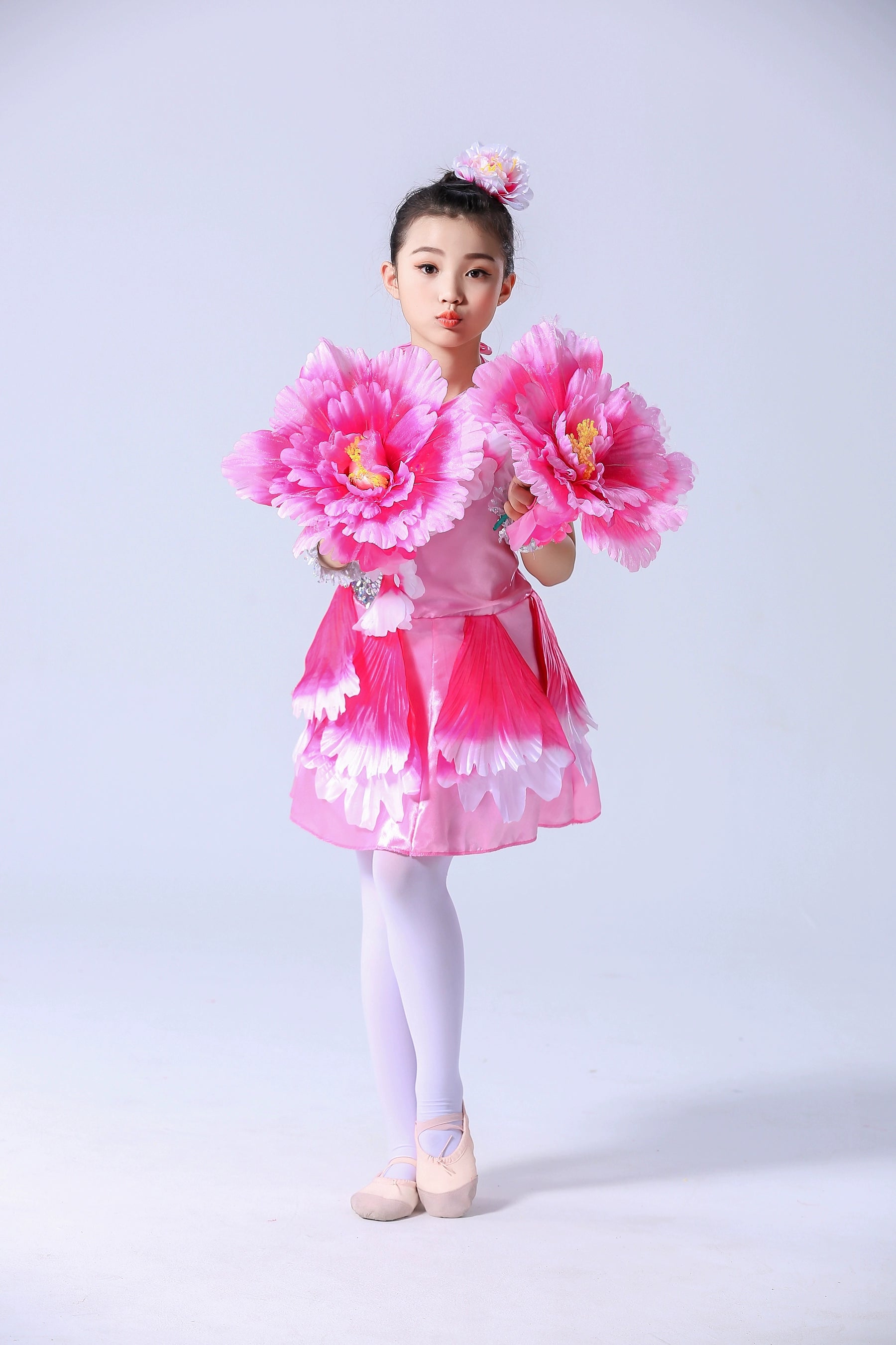 Girls Pink petals jazz dance dresses choir opening choir performance peony blossom performance outfits tutu skirts for kids