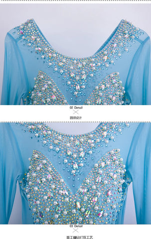 Custom size blue gemstones ballroom competition dresses for women girls children waltz tango foxtrot senior dance performance gown