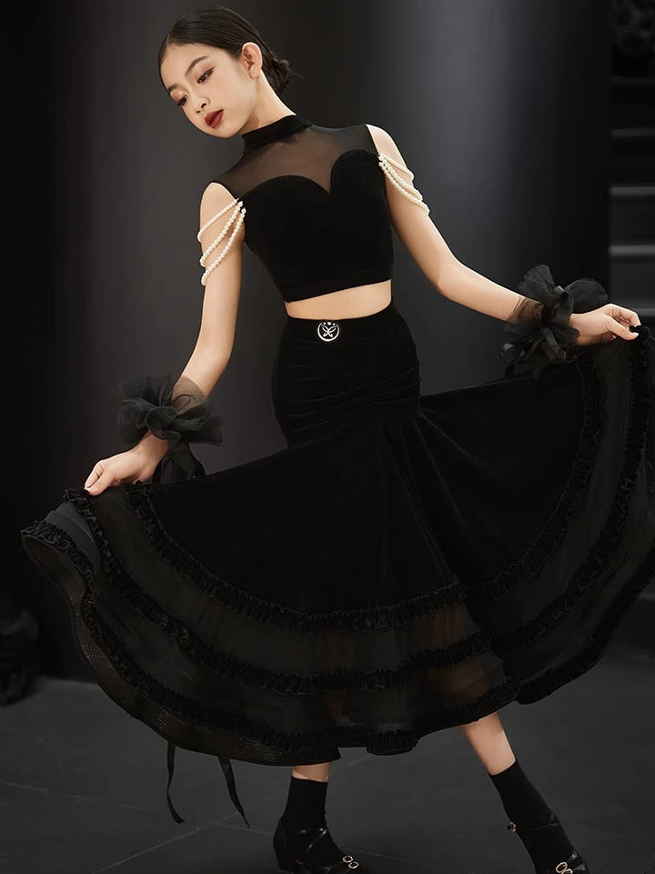 Girls Kids Black White Ballroom Dance Dresses Pearls Shoulder Waltz Tango Rhythm Performance Long Skirts