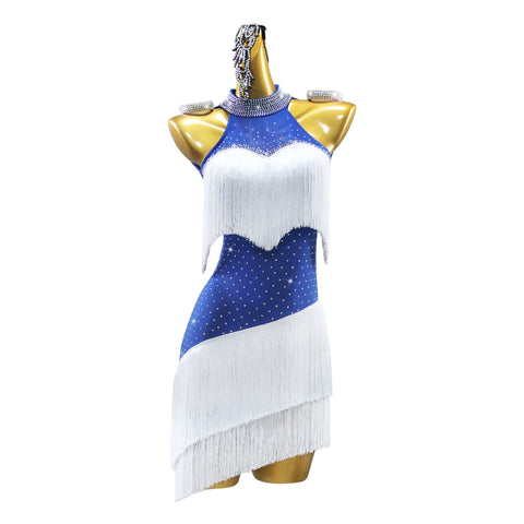 Blue with White Fringe Diamond Competition Latin Dance Dresses for Women Girls Salsa Rumba Cha Cha Jive Professional Latin Performance Costumes