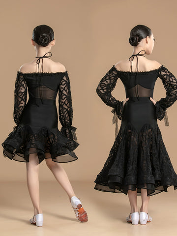 Black lace Latin ballroom dance dress for girls kids national standard waltz tango rhythm dance competition gown for kids