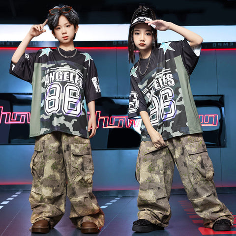 Kids Girls Hip Hop Jazz Dance Costumes for Boys Kids Street Jazz Dance Outfits Rapper Singers Hiphop Show Cargo Pants for Children