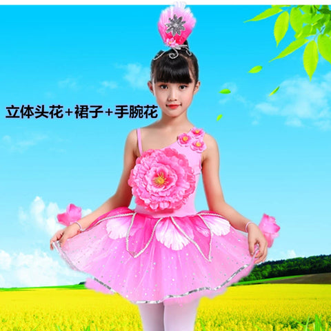 Children's Pink Petals Flowers Jazz Dance Dresses Jasmine Blossom Dance Costume Flower Fairy Tutu Skirts Performance Costume for Kids