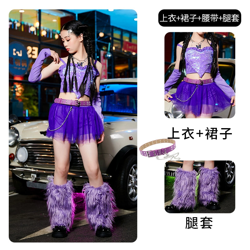 Children's Jazz Dance Costumes Gogo Dancers Rapper Singers Purple Pink Sequined Performance Outfits Catwalk Girl Group Dance Clothes