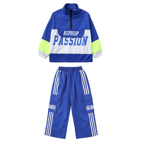 Children's Blue Hip-hop Jazz Dance Costumes Boys Girls Street Sports Opening Ceremony Performance Outfits Rapper Singers Gogo Dancers Wear