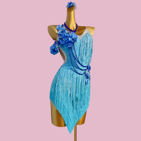 Custom Size Turquoise Fringed Competition Latin Dance Dresses for Women Girls Blackpool Salsa Rumba Chacha Solo Dance Performance Costumes